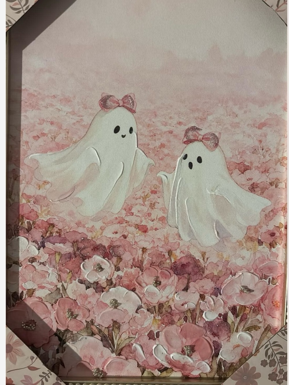 Cute Ghost Duo Wall Art - Pink Floral Canvas